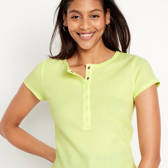 NWT OLD NAVY Short-Sleeve Waffle-Knit Henley Top Color: Lime Is Up - Picture 2 of 8
